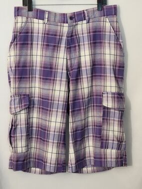 Beyond The Limit Men's Purple Plaid Cargo Shorts Size 36
